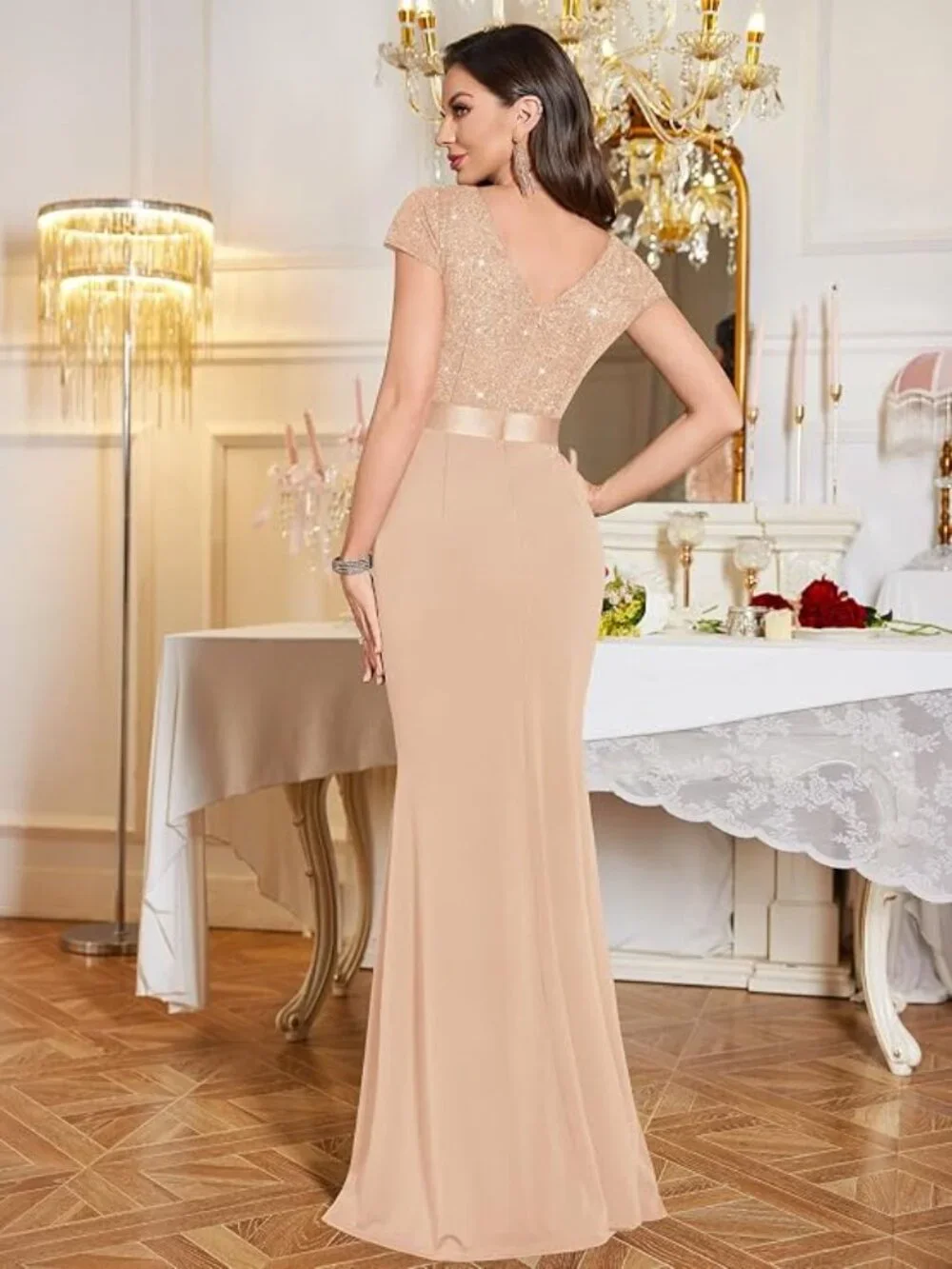 Women's Deep V-Neck Lace Sequin Pleated Evening Formal Dress CHAMPAGNE - Picture 3 of 5